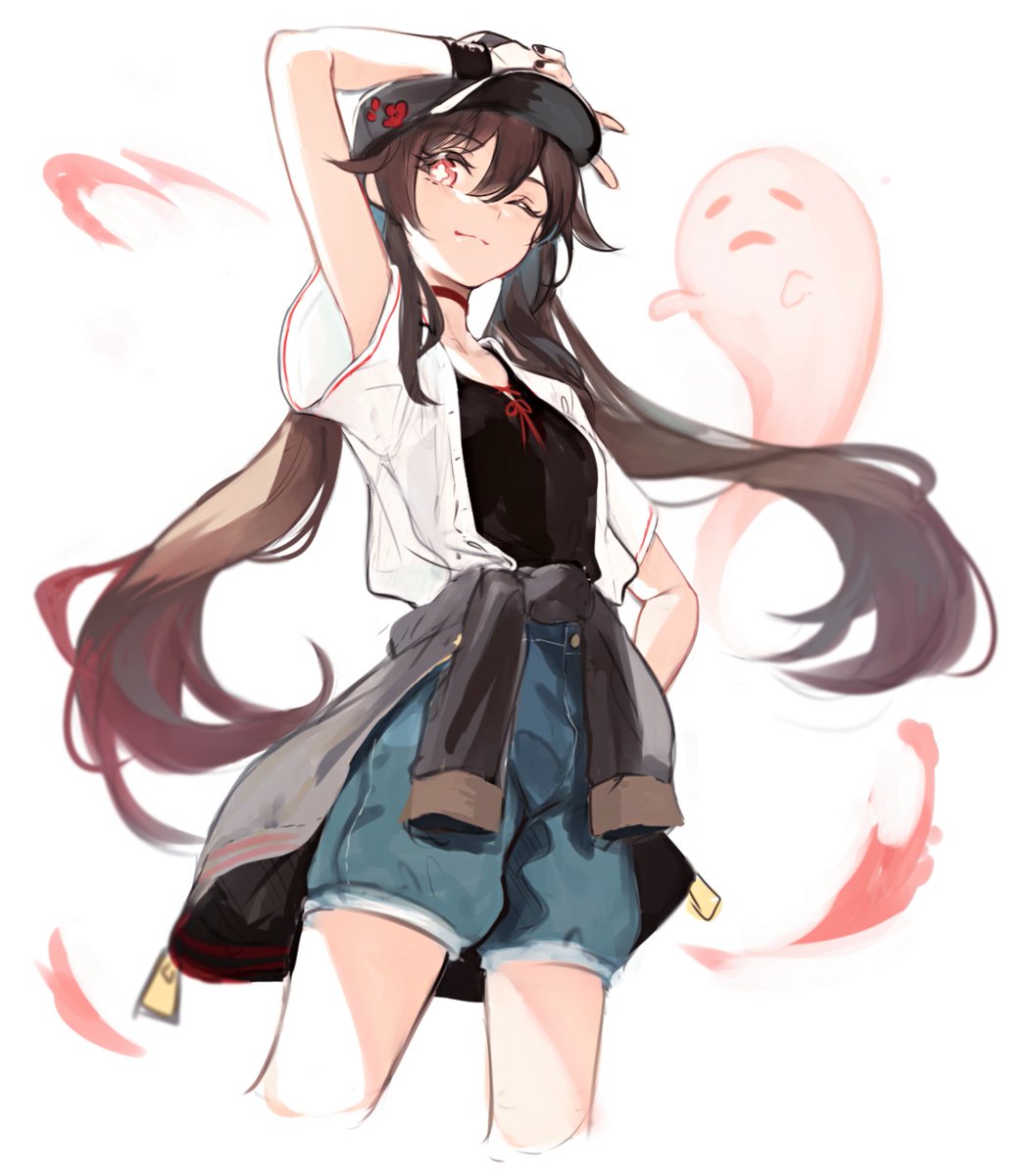 hu tao (genshin impact) 1girl one eye closed clothes around waist shorts hat twintails brown hair  illustration images