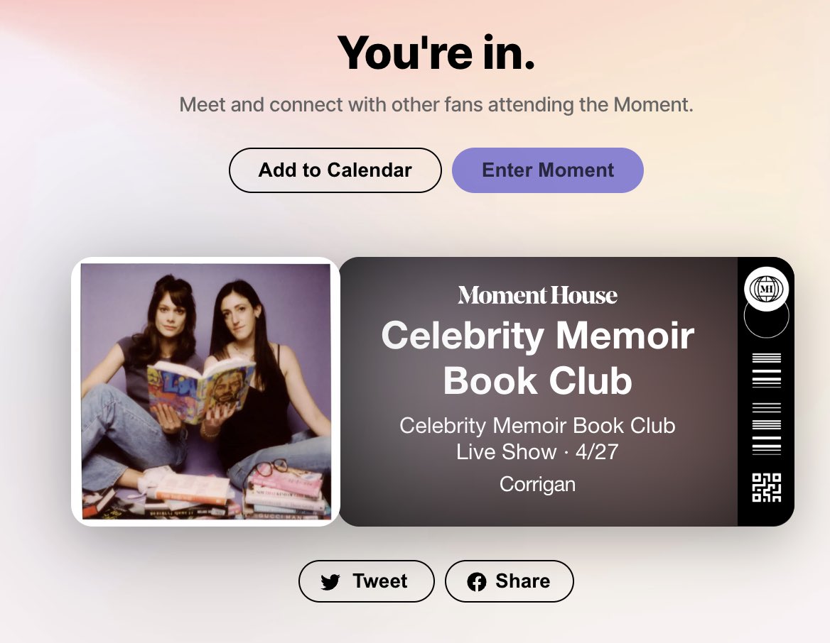last minute events are so much chiller when you can attend on your couch in your pjs. see you soon <a href="/cmbc_podcast/">Celebrity Memoir Book Club</a> 🎧