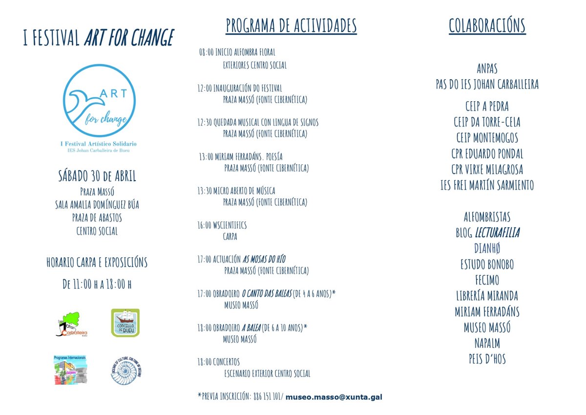 📣 I Festival Artístico Solidario Art for Change! Este sábado non te perdas este evento organizado polo Concello e o IES Johan Carballeira de difusión de ciencia e arte na Praza Massó.

Toda a programación ⏬⏬
concellodebueu.gal/eventos/festiv…