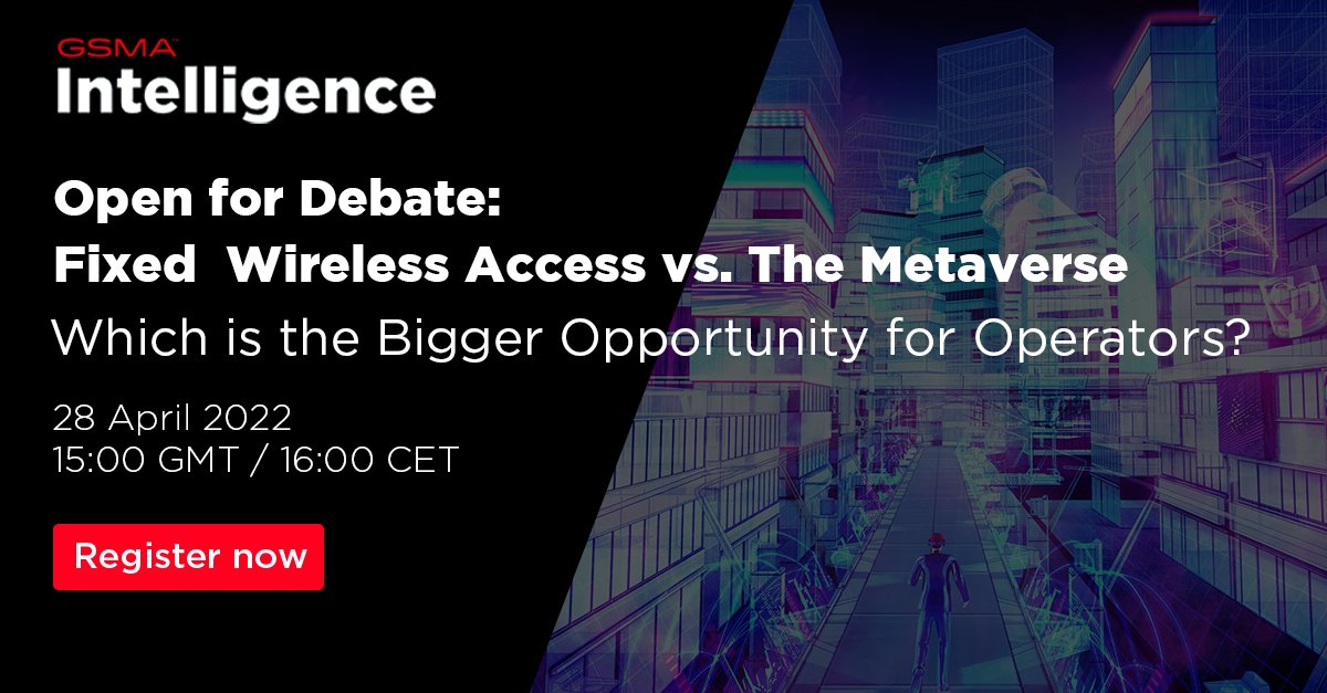 GSMAi's tweet photo. Join #GSMAi tomorrow for a lively debate: Fixed Wireless Access vs. The Metaverse – Which is the Bigger Opportunity for Operators?

@f_agnoletto &amp; Kausik Ray Chaudhuri, VP, Technology, @Qualcomm, will discuss our latest data &amp; market learnings.

Register👉 https://t.co/il4GXwtYIq https://t.co/XQSiWere4k
