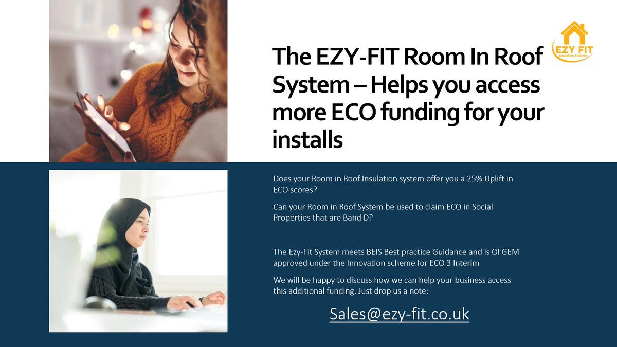 Ezy_Fit's tweet photo. Did you know the Ezy Fit Room In Roof system can offer you a 25% uplift in your ECO scores AND can be used in Band D properties? Our innovative system is OFGEM approved for the ECO 3 Interim. #eco3 #eco4 #insulation #RIRI #IWI https://t.co/4kqlvlPm1V
