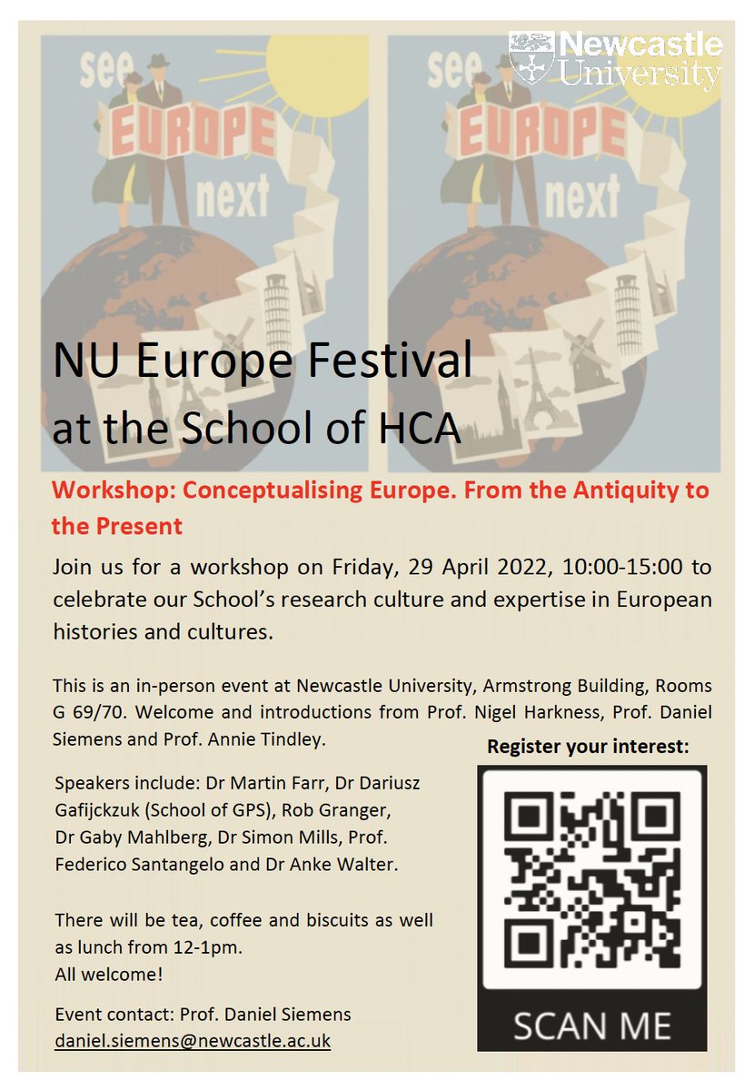 EuropeanSeminar's tweet image. Happening this Friday: Workshop "Conceptualising Europe: From Antiquity to the Present", with papers by colleagues from @historyNCL and @ClassicsNCL. Remote participation possible, all welcome! Details and registration: ncl.ac.uk/hca/events/ite…