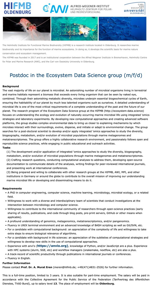 A. Murat Eren (Meren) (@merenbey) on Twitter photo A #postdoc position in my group at the Helmholtz Institute for Functional Marine Biodiversity (<a href="/HIFMB_OL/">HIFMB 🪼 @hifmb.bsky.social</a>) at Oldenburg 🇩🇪
Oldenburg is a beautiful place to live, HIFMB is a young and dynamic institution for everything marine. More info & application link: recruitingapp-5442.de.umantis.com/Vacancies/1092… A #postdoc position in my group at the Helmholtz Institute for Functional Marine Biodiversity (<a href="/HIFMB_OL/">HIFMB 🪼 @hifmb.bsky.social</a>) at Oldenburg 🇩🇪
Oldenburg is a beautiful place to live, HIFMB is a young and dynamic institution for everything marine. More info & application link: recruitingapp-5442.de.umantis.com/Vacancies/1092…