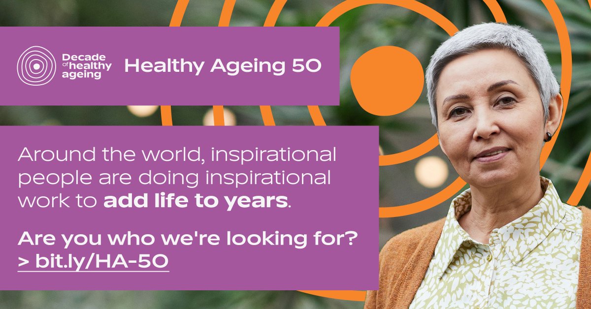 ILO Employment Policies (@ilo_emp_policy) on Twitter photo People around the world are living longer than ever before. Fostering #HealthyAgeing means improving the lives of current and future generations of older people.
<a href="/UNDecadeAgeing/">UN Decade of Healthy Ageing (2021-2030)</a> is calling to nominate leaders already working to make this vision a reality: bit.ly/HA-50 People around the world are living longer than ever before. Fostering #HealthyAgeing means improving the lives of current and future generations of older people.
<a href="/UNDecadeAgeing/">UN Decade of Healthy Ageing (2021-2030)</a> is calling to nominate leaders already working to make this vision a reality: bit.ly/HA-50