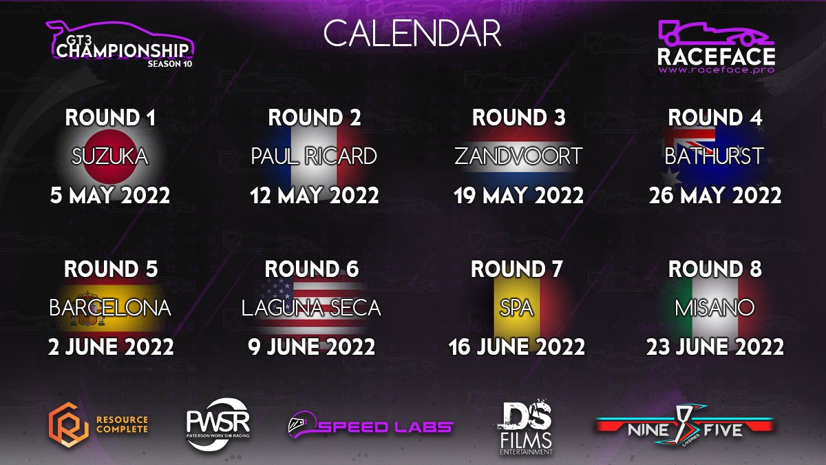 Registrations for Season 10 of the RaceFace GT3 Championship is now open:

raceface.pro/raceface-acc-g…

The grading process will open shortly. 

*Good news, we'll only have 1 track for grading for this season.