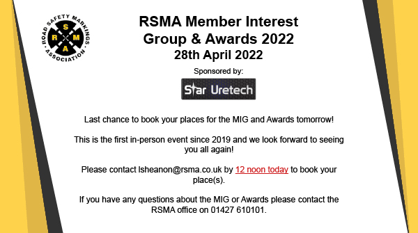 Roadsafetymark's tweet photo. Join us TOMORROW for the MIG and Awards.
The updated programme can be found here: https://t.co/N2ynkAIGwc
Register by 12 noon today by contacting lsheanon@rsma.co.uk.
Thanks to our event sponsor @staruretech 
#members #roadmarking #roads #highways #industry #awards #winners https://t.co/iPHEIIv9fN