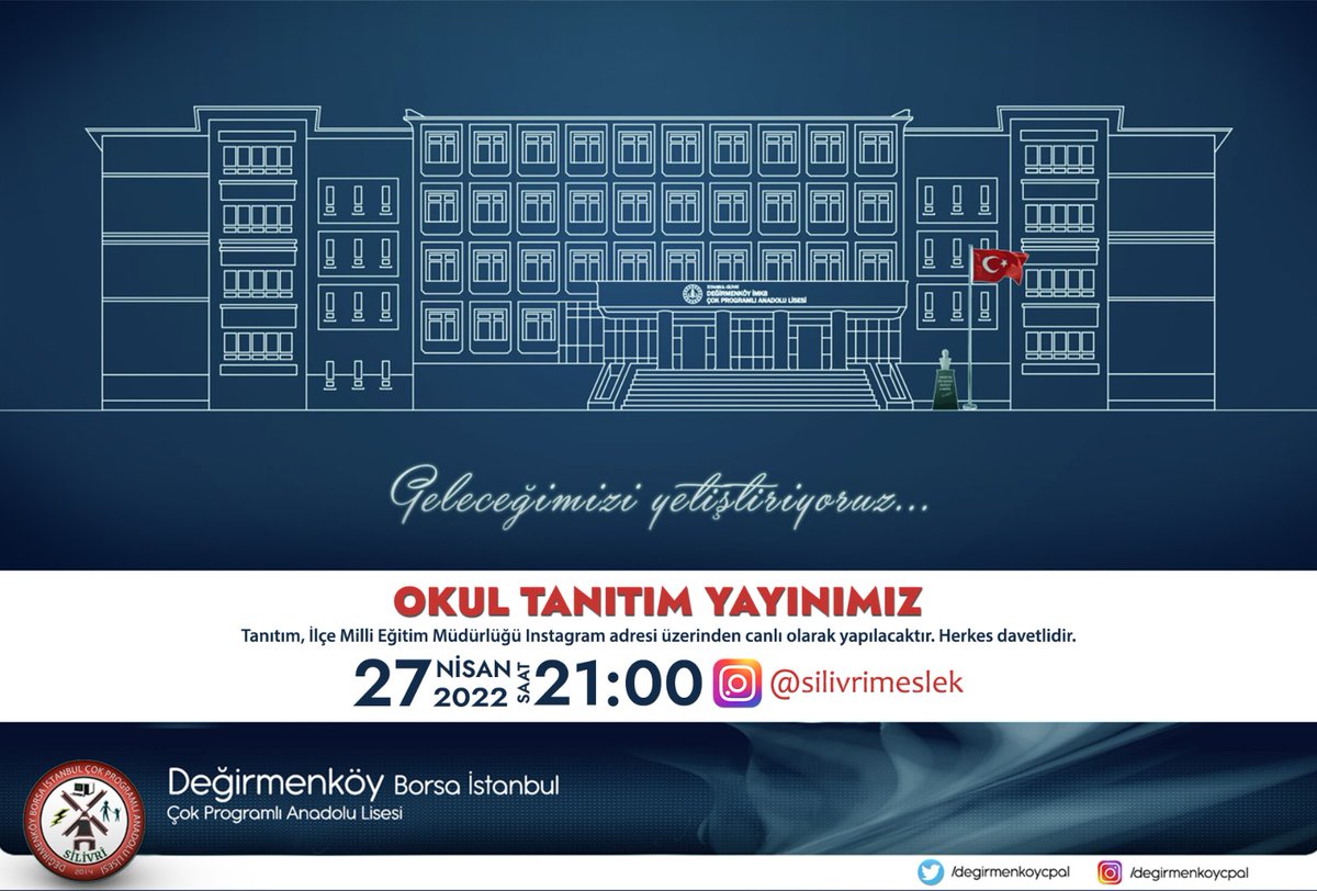 📣 Silivri Meslek Liseleri Tanıtım Günleri bu akşam Değirmenköy Borsa İstanbul ÇPL ile devam ediyor.
8. Sınıf öğrencilerimizi ve velilerimizi bekliyoruz.
⏰ 21.00
🎥 Instagram“@silivrimeslek”
<a href="/tcmeb/">Millî Eğitim Bakanlığı</a> <a href="/istanbulilmem/">İstanbul İl Millî Eğitim Müdürlüğü</a> 
<a href="/istanbul_MTE/">İstanbul Mesleki ve Teknik Eğitim</a>
<a href="/memleventyazici/">Levent Yazıcı</a> <a href="/ArtarZeki/">Zekeriya Artar</a> <a href="/degirmenkoycpal/">Değirmenköy Borsa İstanbul ÇPAL</a>