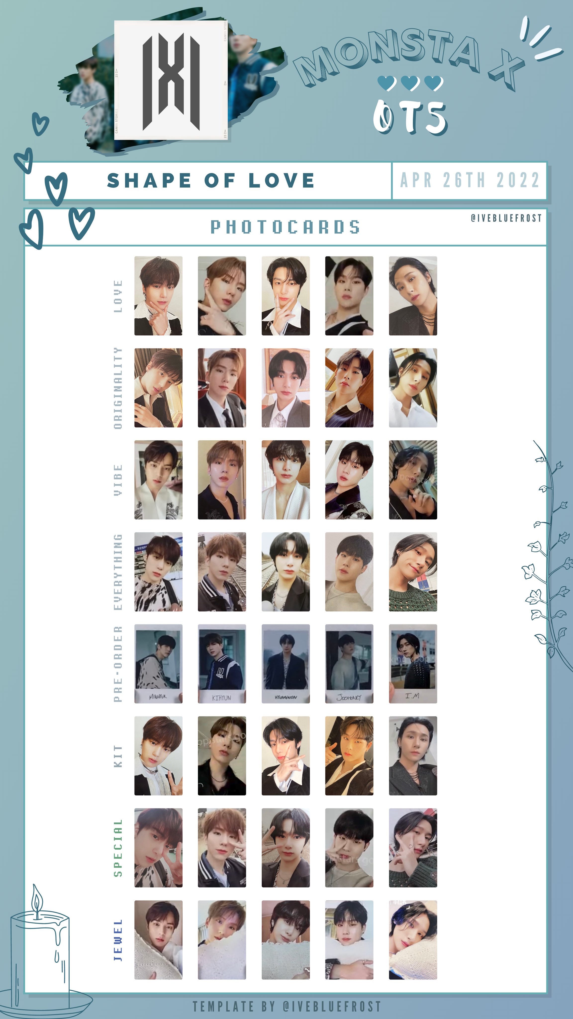 k on X: complete album inclusions ♡ [ 몬스타엑스 포카 리스트 monsta x shape of love  photocard pc template list minhyuk kihyun hyungwon jooheon changkyun ]   / X