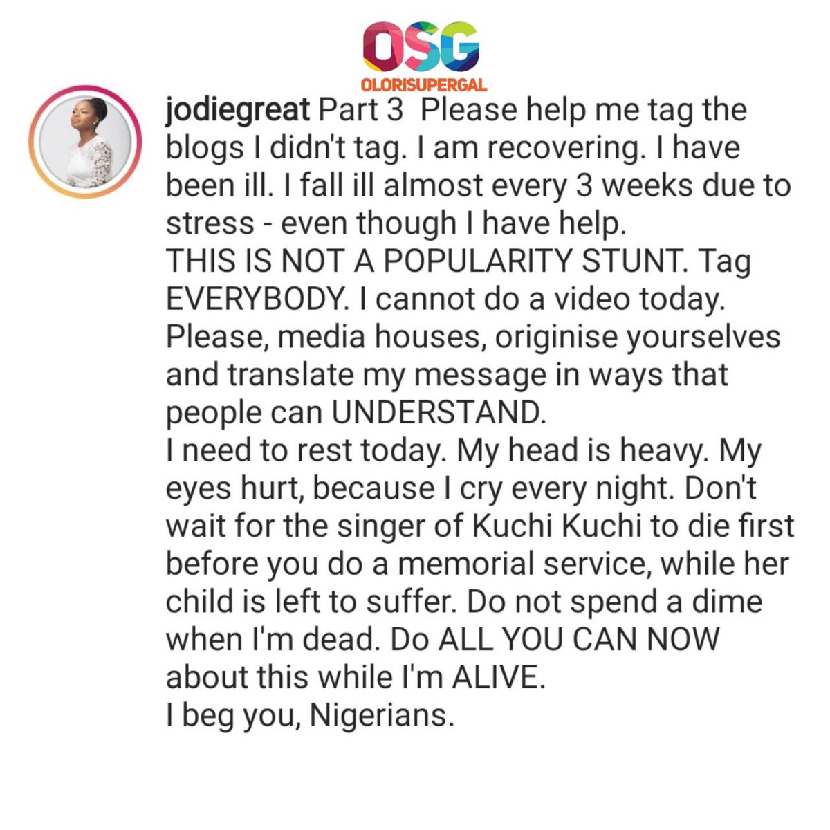Singer, Jodie seeks the help of Nigerians over her child with special needs

The Kuchi Kuchi crooner has called on Nigerians to come to her aide over her child, Chinua.

She also noted that the public cry is not for her alone, also for the mothers of children with special needs.