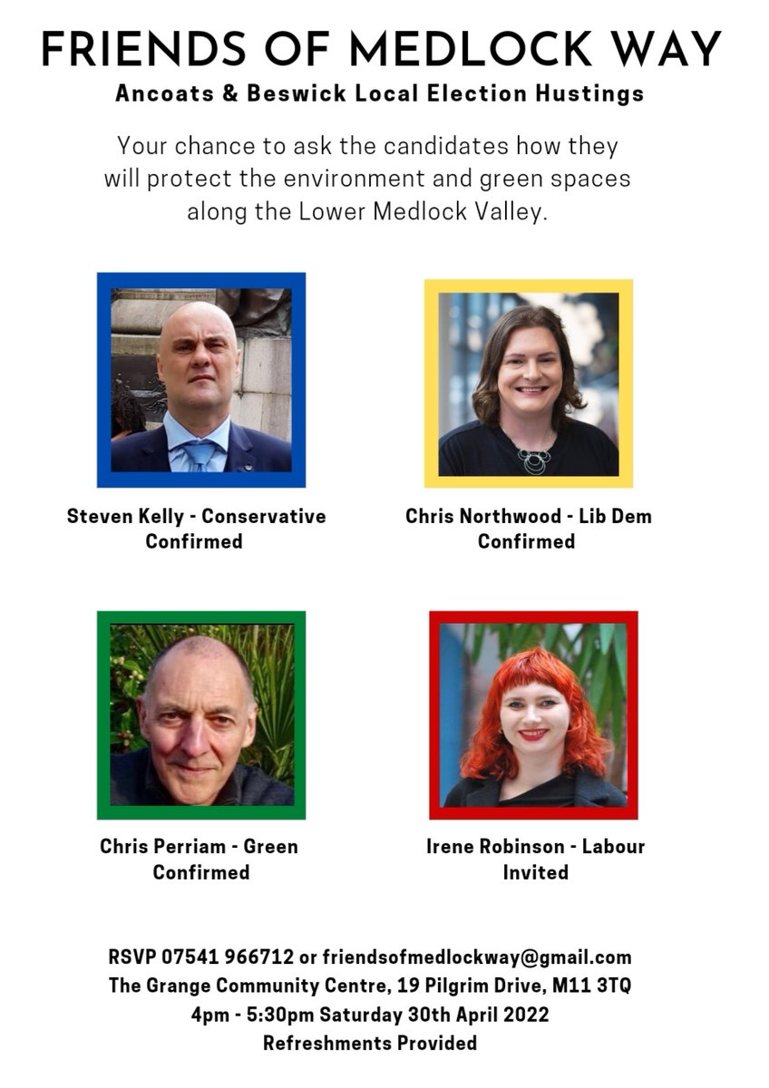 Hear what all the local election candidates have to stay about the Friends of Medlock Way Hustings 4pm this Saturday, Grange Community Centre,  19 Pilgrim Drive MQQ 3TQ

#AncoatsandBeswick
#LocalElections2022