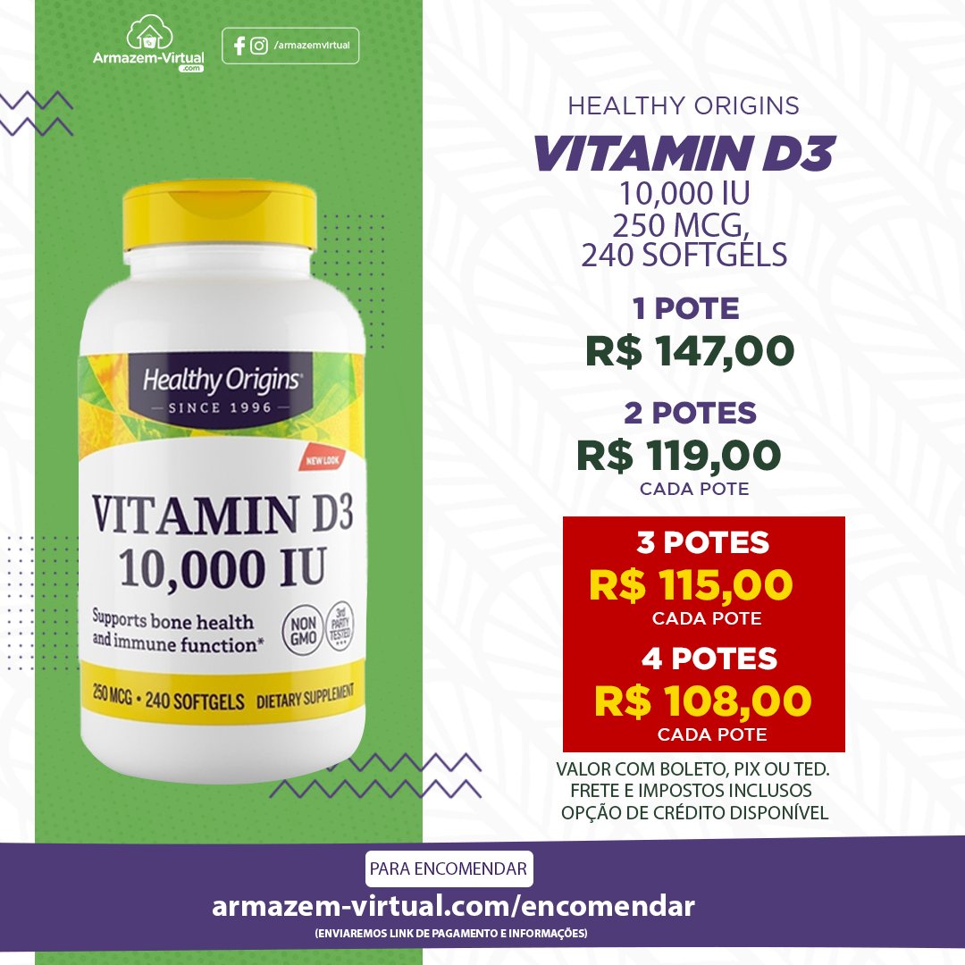 armazem_virtual's tweet photo. Promoção por tempo limitado! 1 pote de vitamina D3 da Healthy Origins (240 cápsulas) por R$147 ou você pode levar 2 potes por R$119 cada ou 3 potes por R$115 ou 4 potes por R$108 cada pote.

Só no https://t.co/dPcaaCEiJD você encontra promoção assim!

📦Você tem nossa atenção e https://t.co/MWqZLpIEr3