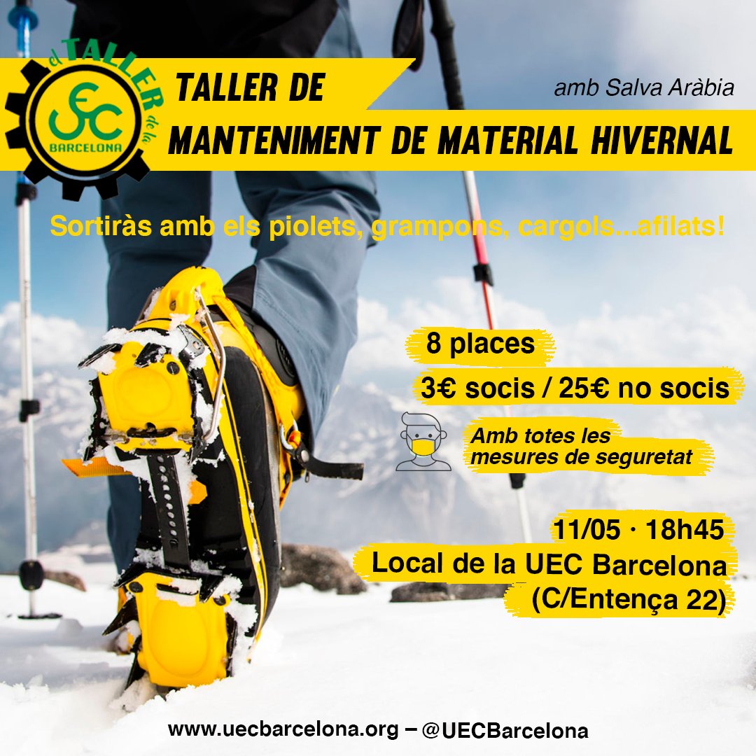Taller de Reparació i Manteniment de Material Hivernal amb Salva Aràbia! ⛏🔩⚒

Porta el teu material (grampons, piolets, cargols...) i surt amb ell a punt per la propera aventura!

➡️ uecbarcelona.org/activitats/cur…