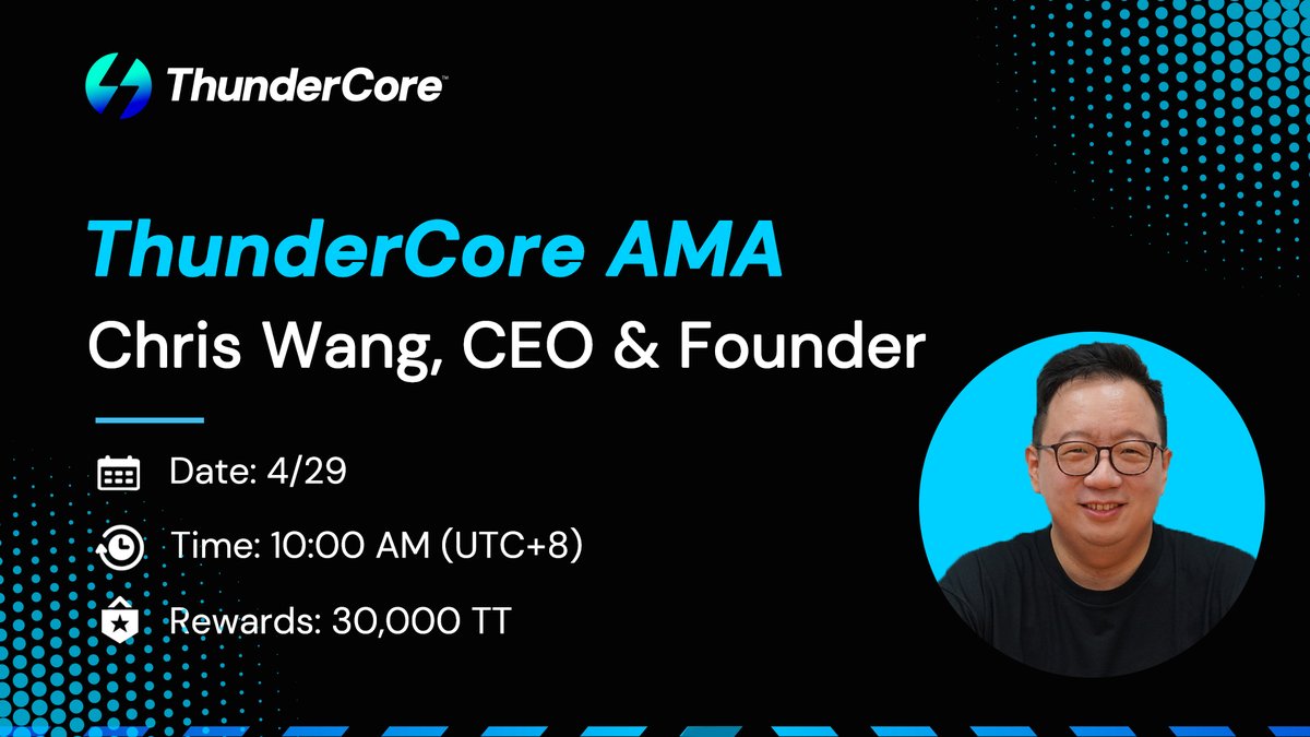 ThunderCore Official ⚡️ (@thundercorelab) on Twitter photo #Thunders! Incoming AMA with <a href="/0804chris/">Chris Wang</a> in Discord
🗓️4/29 10:00 AM UTC+8
📍discord.gg/kmhRj5vEhE
🎁30,000 in $TT for 10 winners
- 3 Qs on Twitter: RT & tag 3 friends & comment your question
- 3 Qs during the AMA in Discord
- 4 special airdrops with TT during AMA event
Join us #Thunders! Incoming AMA with <a href="/0804chris/">Chris Wang</a> in Discord
🗓️4/29 10:00 AM UTC+8
📍discord.gg/kmhRj5vEhE
🎁30,000 in $TT for 10 winners
- 3 Qs on Twitter: RT & tag 3 friends & comment your question
- 3 Qs during the AMA in Discord
- 4 special airdrops with TT during AMA event
Join us