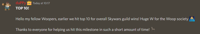 WoopGuild's tweet photo. Woop just hit top 10 for Skywars wins! Tremendously huge W 🥳 https://t.co/7MnJ02V0L9