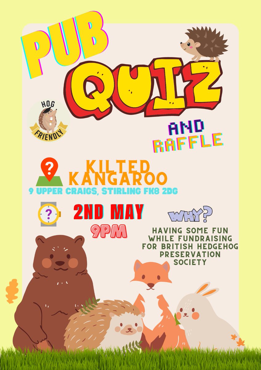 StirUniHFC's tweet photo. Our first event for Hedgehog Awareness Week is a Pub quiz and raffle to raise awareness and to raise funds for the British Hedgehog Preservation Society 🦔 https://t.co/REItiitich