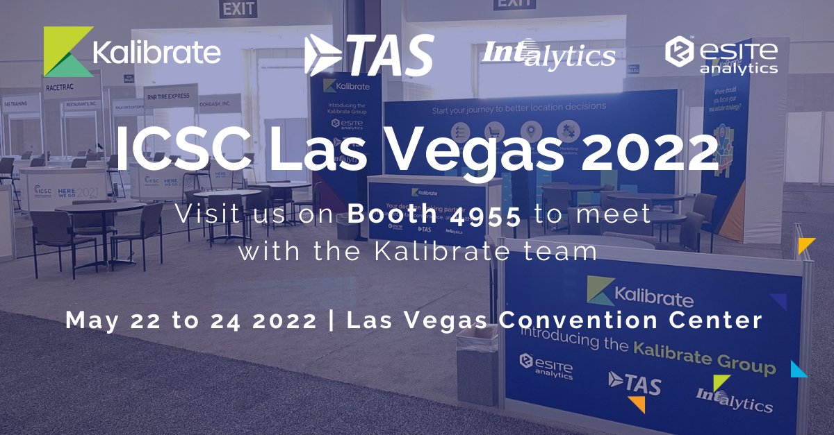 We're looking forward to attending <a href="/ICSC/">ICSC</a> Las Vegas in May to present our location intelligence solutions. If you would like to meet with a representative from Kalibrate, Trade Area Systems (TAS), Intalytics, or eSite, you can schedule your meeting here: hubs.li/Q018YGfP0