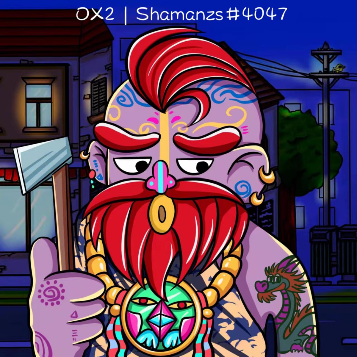 <a href="/shamanzs/">Shamanzs 🔮</a> <a href="/TheRichShamanz/">Rich Shama 🔮🔮🔮</a> <a href="/Shamanizer_NFT/">Shamanizer 🔮🔮🔮</a> <a href="/Brosmind/">Brosmind</a> This is my second piece of work, a shaman designed in the image of a big brother in the underworld. He travels to the street at night, holds a big axe, and has various tattoos on his body. He looks very heroic and domineering.😘