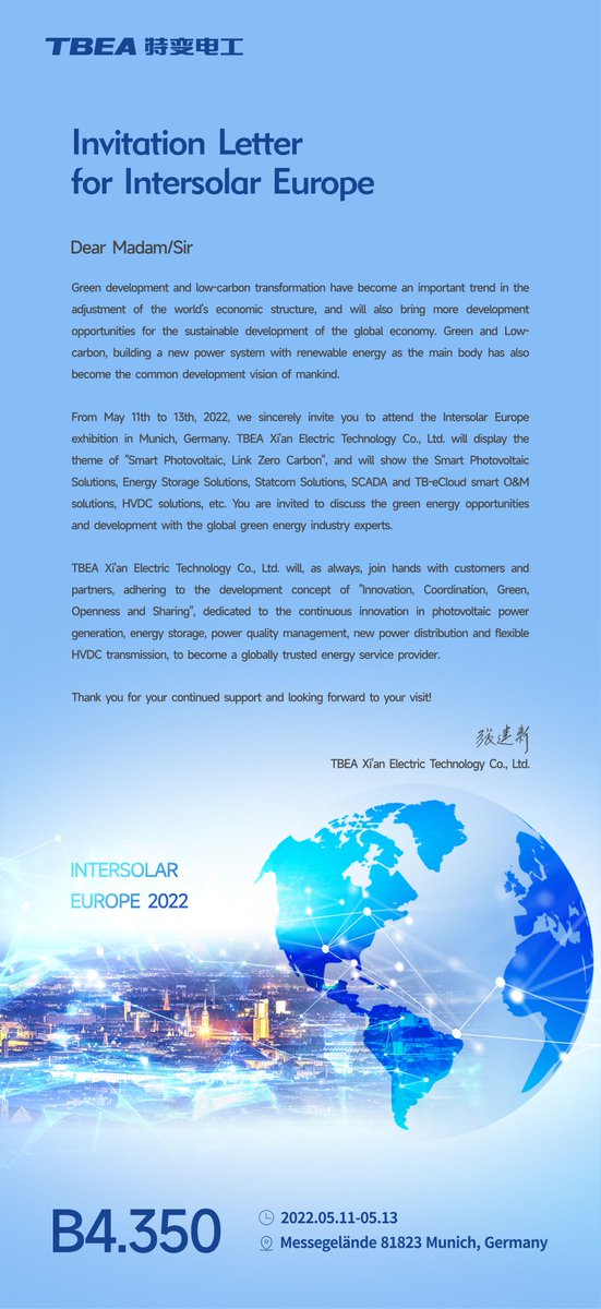 We' re delighted to announce that #TBEA is participating this year's #Intersolar Europe exhibition in München, from May11th to May13th!
