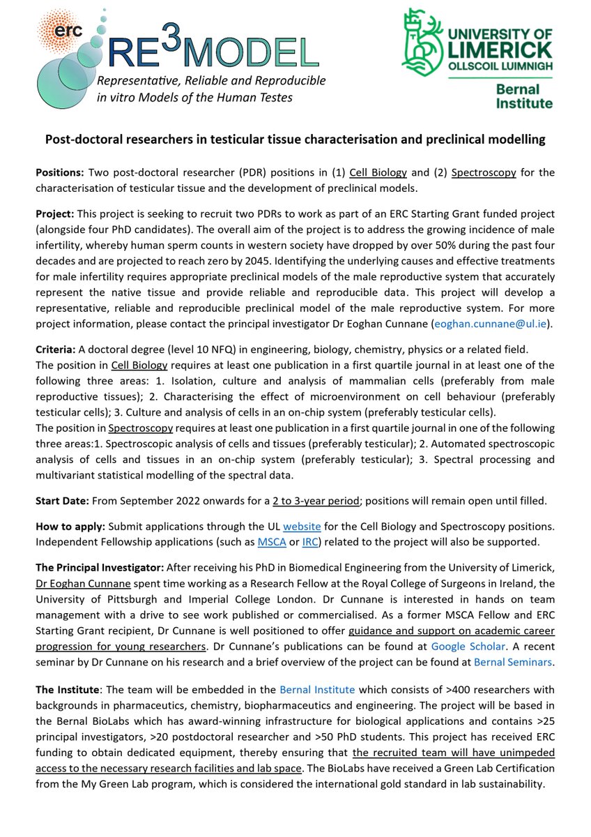 Two postdoc positions available to join an <a href="/ERC_Research/">European Research Council (ERC)</a> project in the <a href="/BernalNews/">Bernal Institute</a> at <a href="/UL/">University Of Limerick</a>. Ideal candidates will apply experience in cell biology or spectroscopy to the area of male infertility. PDF shown below is accessible at ulcampus-my.sharepoint.com/:b:/g/personal… with links to applications.