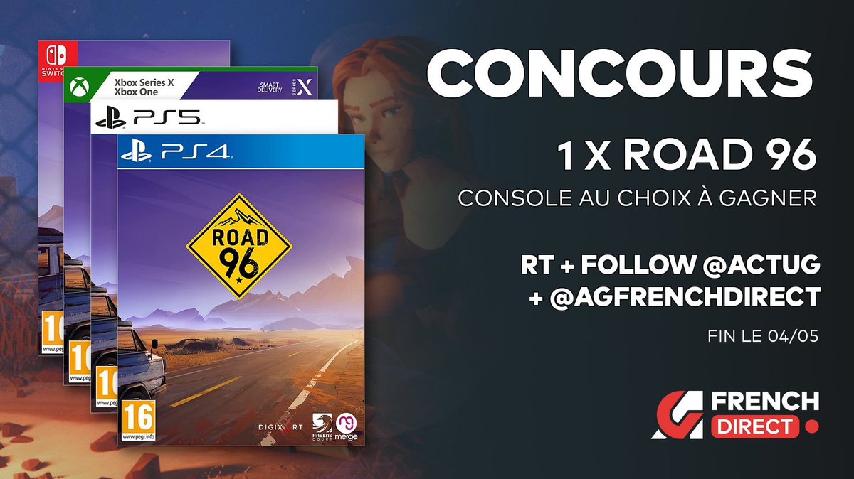 ActuG's tweet image. #CONCOURS 🎁 : 1 x  Road 96 sur console à gagner ! 🥰

Pour jouer :
💥 #RT ce tweet
💥 Follow @ActuG + @AGFrenchDirect 
💥 Dis-nous la version souhaitée (PS4, PS5, Xbox, Switch)

Fin 04/05 ✨ 

N'oubliez pas, l'AG French Direct revient le 6 mai à 18h ! 🇫🇷⤵️