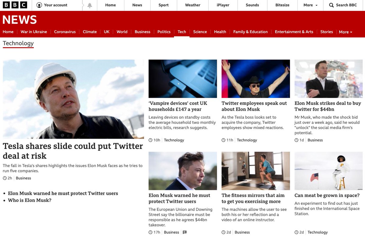 4 Elon Musk stories on BBC News. I know he's kind of a big deal in tech, but still...