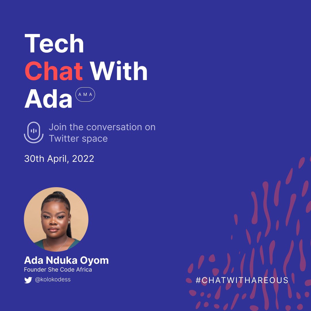 Hey tech enthusiast, Join our tech chat with 
<a href="/Kolokodess/">Ada Nduka Oyom</a> on Saturday . Let's learn from Ada,  her Journey to tech, and what like founding one of the biggest women in tech community <a href="/SheCodeAfrica/">She Code Africa</a> 

Set your reminders below 👇
x.com/i/spaces/1jMJg…