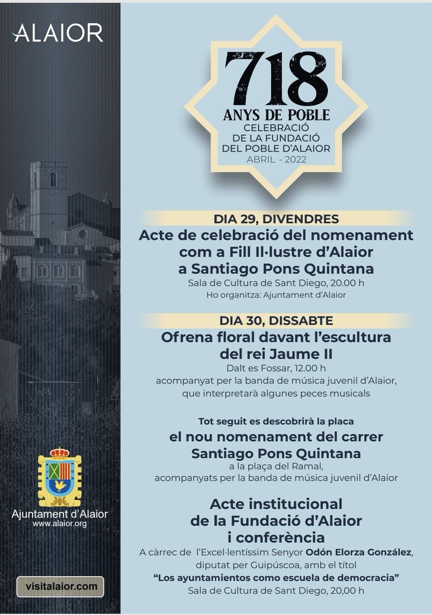 Aquest cap de setmana, celebram que es cumpleixen 718 anys des de sa fundació d'Alaior. Divendres, dia 29, festiu. Molt viscut, molt per viure! #Alaior718