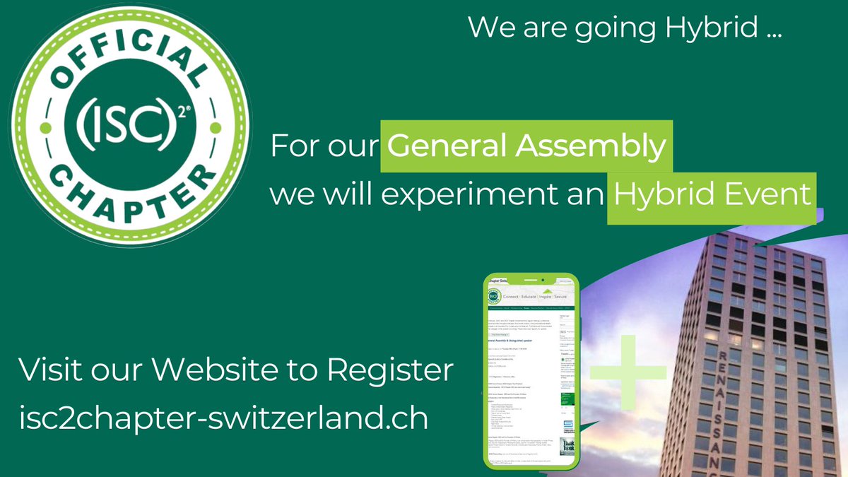 Physical event with Aperò (cost-free for Chapter members) tomorrow Thursday 28th April 17:00-20:00 in #Zurich! 

We will experiment with the hybrid meeting setup!

registrations:
isc2chapter-switzerland.ch/events/#!event…

#isc2 #eventsecurity #cybersecurity <a href="/ISC2Chapters/">(ISC)² Chapters</a>