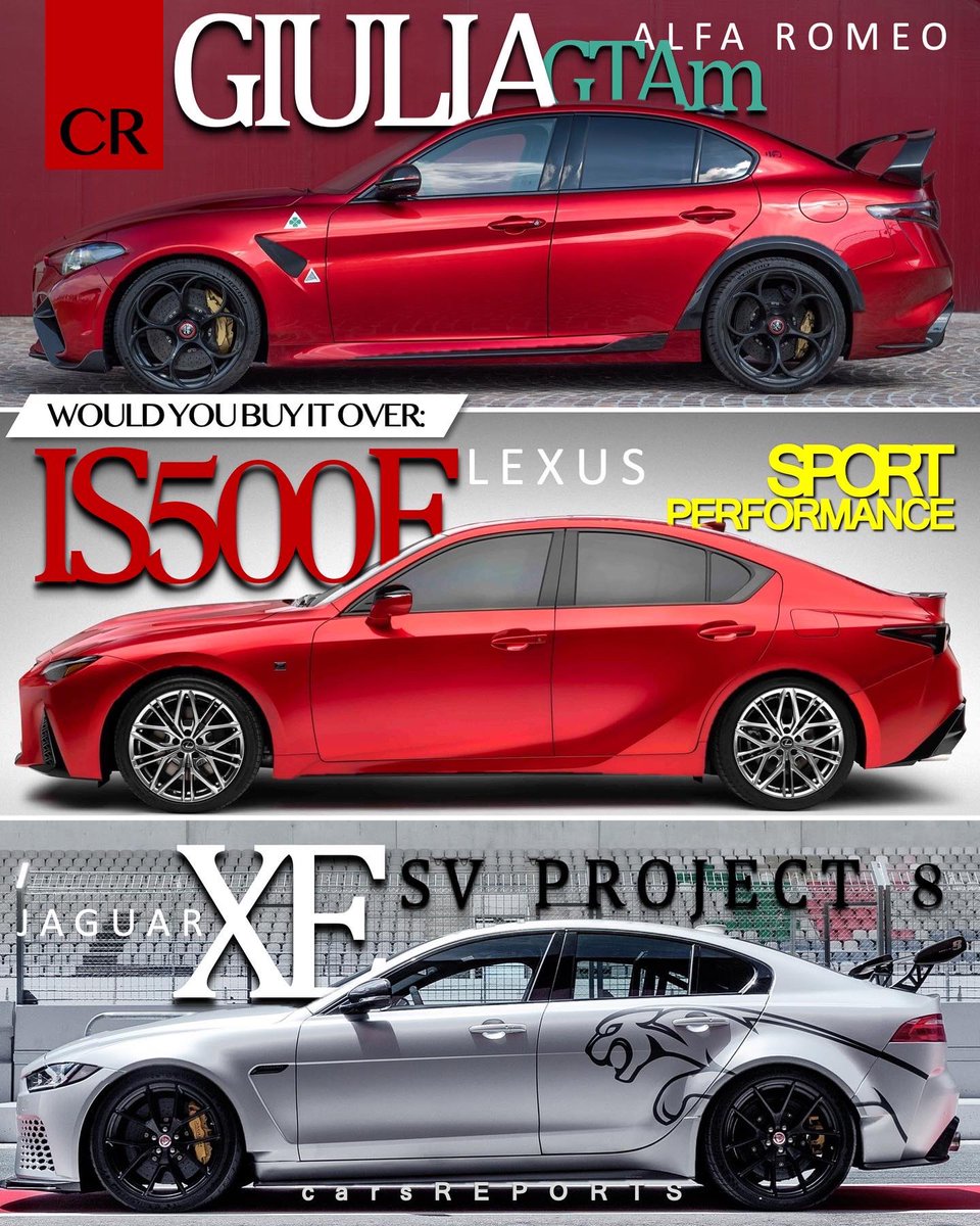 cars_reports's tweet photo. The #GiuliaGTAm looks good, doesn’t it? But is it any better than an #IS500F that comes with a great 5.0-litre V8 aspirated and costs considerably less, and any better than the exclusive #JaguarXE #XESVProject8 packed with a 592 hp V8? Comment below. https://t.co/LrcKRKZSLO