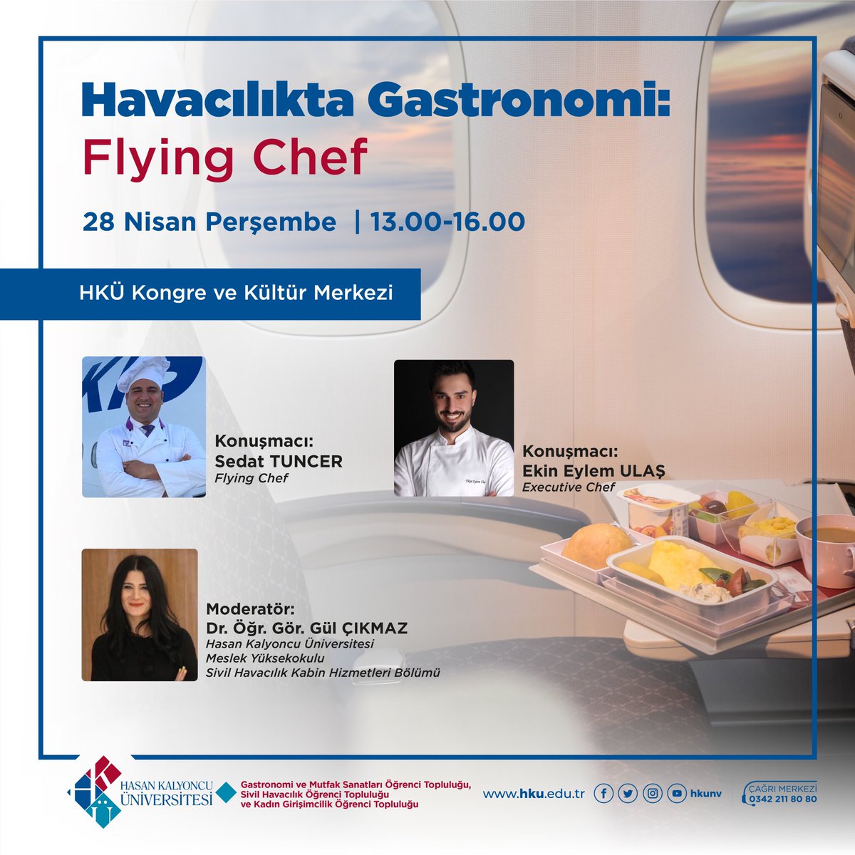 28 Nisan Perşembe günü 13:00'da MasterChef Ekin Eylem Ulaş ve Flying Chef Sedat Tuncer’le birlikte konuşacağımız ve şeflerimizin deneyimlerini paylaşacağı “Havacılıkta Gastronomi: Flying Chef”başlıklı söyleşiye herkesi bekleriz.
<a href="/hkunv/">Hasan Kalyoncu Üniv</a> <a href="/TurkayDereli/">Türkay Dereli</a> <a href="/hkugastronomi/">HKÜ Gastronomi ve Mutfak Sanatları</a> <a href="/ekineylemulas/">Ekin Eylem Ulaş</a>