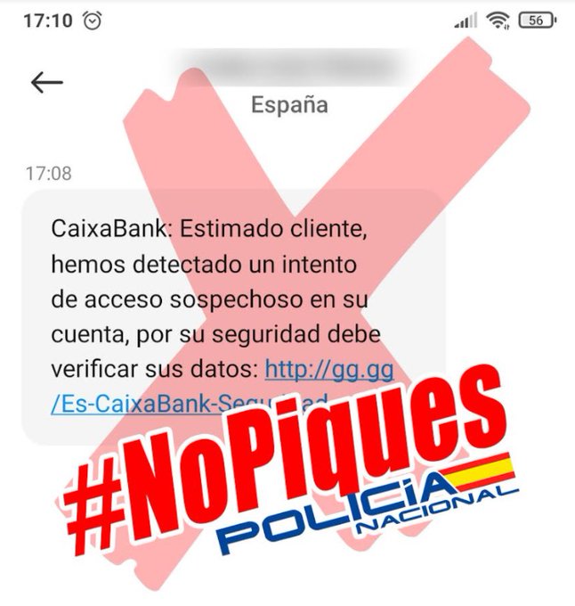 policia's tweet photo. ¡¡¡Que nooooo!!! Que el banco (ninguno) no te informa de problemas en tu cuenta #online a través de sms ✉ 

Es #phishing  

RECUERDA: no pinches en enlaces de procedencia desconocida 🙏

#NoPiques https://t.co/iGWW6bmITh