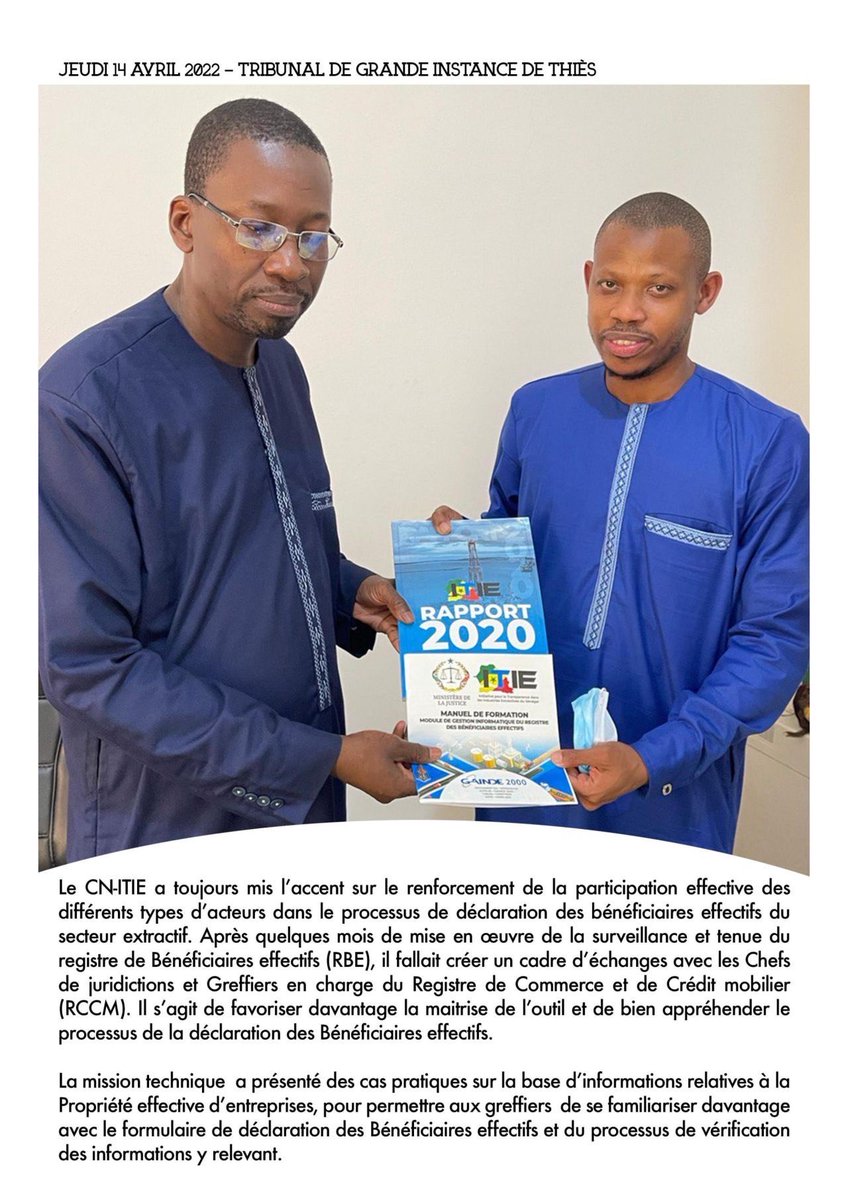 CollectiveActi1's tweet photo. RT @EITIorg "RT @Itie_Senegal: Capacitation des élus locaux, professionnels de la justice et fournisseurs et sous-traitants locaux de Thiès pour améliorer leur participation à la Gouvernance du secteur extractif @EITIorg #kebetu #senegal #localcont… https://t.co/8eY6p1L0yj"