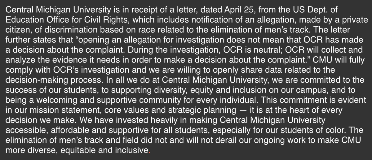 CMLIFE's tweet photo. The U.S. Department of Education's Office for Civil Rights is investigating CMU to determine if the elimination of the men's track and field team in 2020 and its replacement with a men's golf team discriminated against Black students.
UCOMM offered an official statement: https://t.co/2KqTyFVXDK
