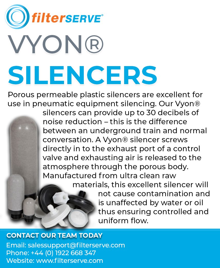 filterserve's tweet photo. A #Vyon® #silencer screw directly into the exhaust port of a control valve and exhausting air is released into the atmosphere through the #porous body.
#Manufactured from ultra-clean raw materials, this excellent silencer will not cause #contamination.
#filtration #sintered #uk https://t.co/R7rW4wDL9D