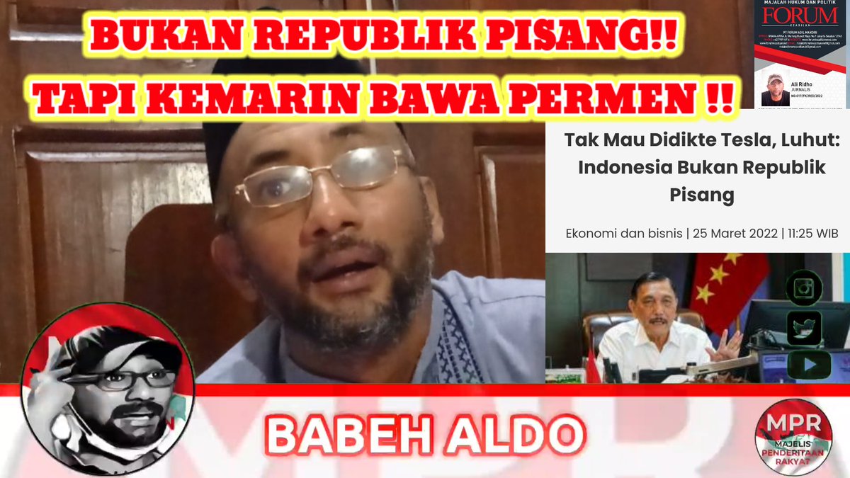 BabehAldoAje's tweet photo. LUHUT PERNAH TOLAK TESLA !! 
INDONESIA BUKAN REPUBLIK PISANG!! 
BABEH : "KEMARIN BAWA PERMEN YA PAK??"

Link :
https://t.co/cOjjsyi0Gq

#LuhutLagi
#LuhutLagi https://t.co/dnNmx4p8UI