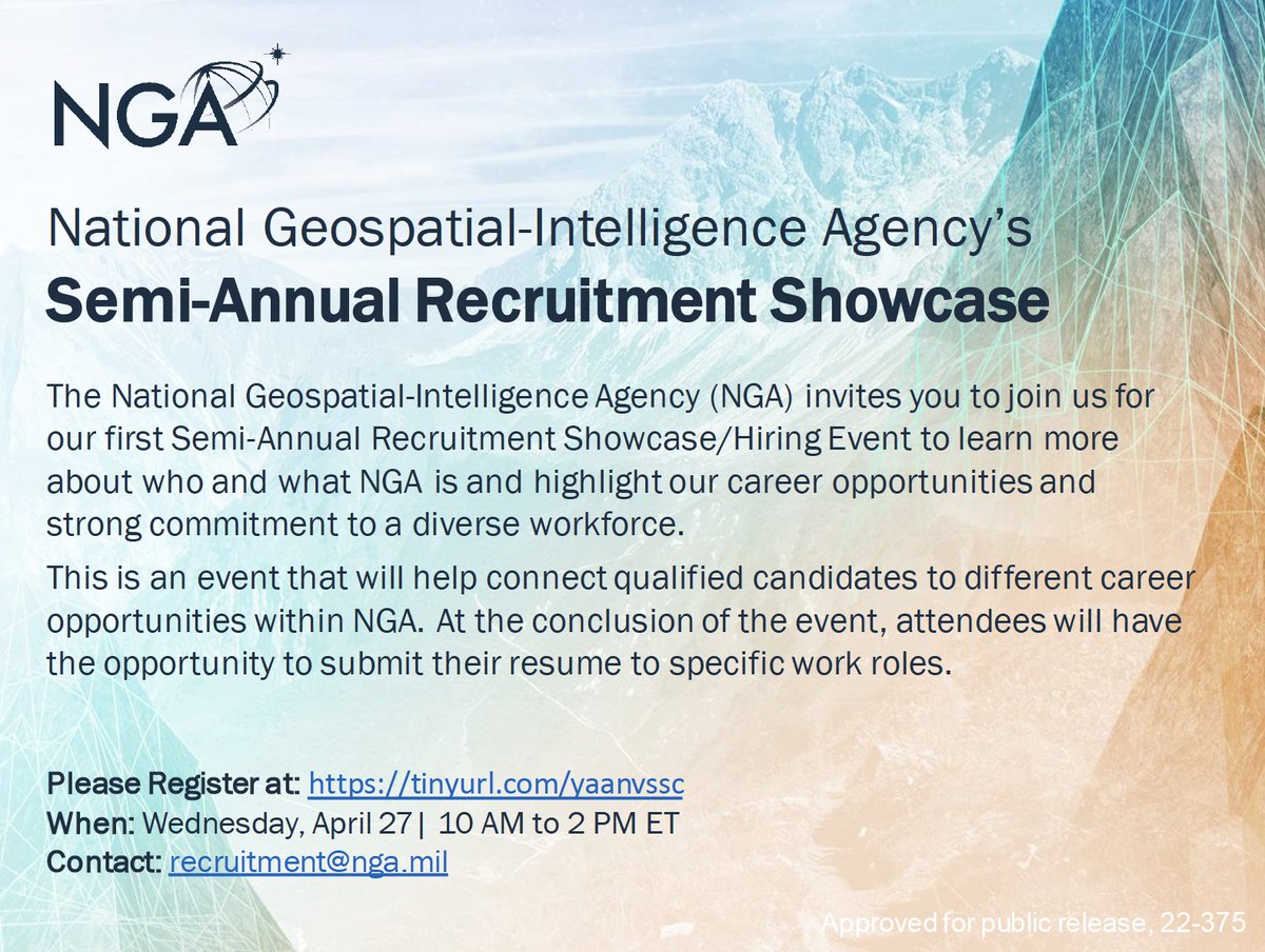 The National Geospatial-Intelligence Agency (NGA) will be conducting a Virtual Semi-Annual Recruitment Showcase/Hiring Event on Wednesday, April 27th | 10 AM to 2 PM ET. 

Click here to register: tinyurl.com/yaanvssc
