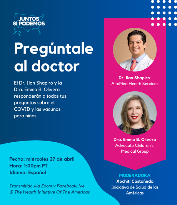 ConsulMexAtn's tweet image. El @IME_SRE y tu #ConsuladoDeMéxico 🇲🇽 @ConsulMexAtn te invitan al seminario virtual "Pregúntale al Doctor" @hia_ucb.

En este seminario los doctores responderán tus dudas sobre la pandemia #COVID19 y las vacunas para niños(as). 

🗓️ Hoy 27/abril
⏰ 3:00 P.M. (hora centro)