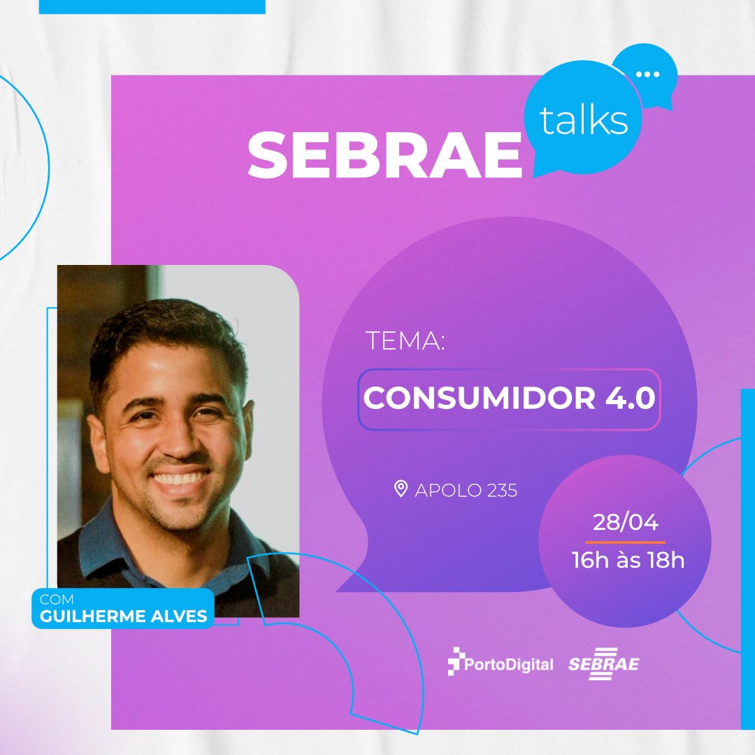 porto_digital's tweet photo. Já é nesta quinta! Entenda GRATUITAMENTE o que é e como pensa o consumidor 4.0 com o apoio de Guilherme Alves, consultor do @sebraepe. O #SebraeTalks acontece a partir das 16h, no Apolo 235. Para participar, basta se cadastrar pelo Sympla no link: https://t.co/XYLlVZF5kI. https://t.co/WmT00SSQpN