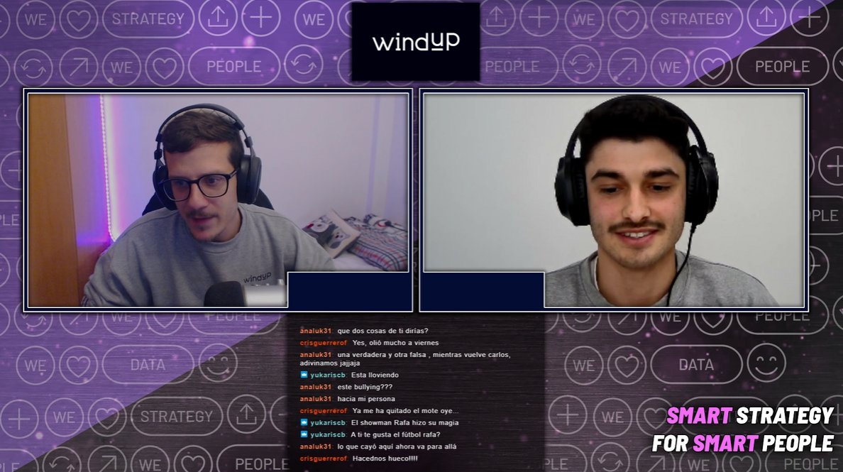 Estamos en riguroso DIRECTO en #Twitch  ▶ twitch.tv/windupsmart 
con <a href="/pesicomosaico/">Psico 🍥</a> y nuestro Content Specialist, Carlos, charlando sobre #memes, #ElonMusk y nuestra última visita a @GiantsGaming. ¡Nos vemos dentro! 💜