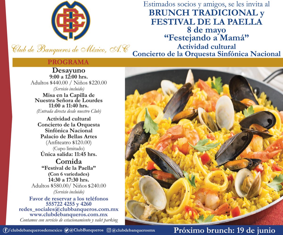 Festeja a Mamá en nuestro tradicional brunch y festival de la paella!!
Domingo 8 de mayo.

Informes y reservaciones a los teléfonos:
5557224255 / 4260
O al correo:
redes_sociales@clubbanqueros.com.mx

#clubdebanqueros #centrohistoricoCDMX #festivaldelapaella 
#brunch