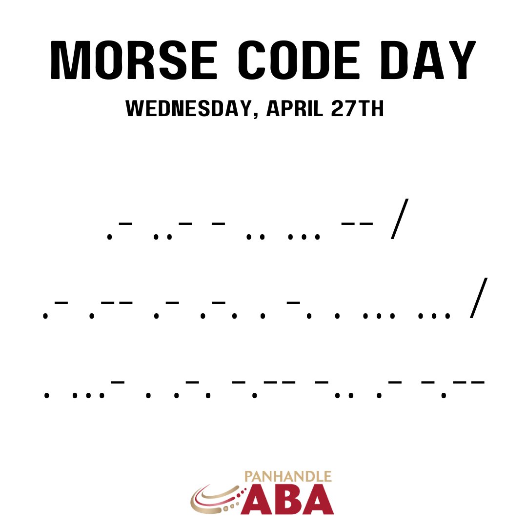 PanhandleABA's tweet image. Today is Morse Code Day! Who can translate our secret message? 

Come back tomorrow and we will comment the translation! 

#morsecode #translate #commenttheanswer #TallahasseeFlorida #tally #capitalcity #leon #bigbendfl #TRICARE #PanhandleABA #autismawareness #BCaBA