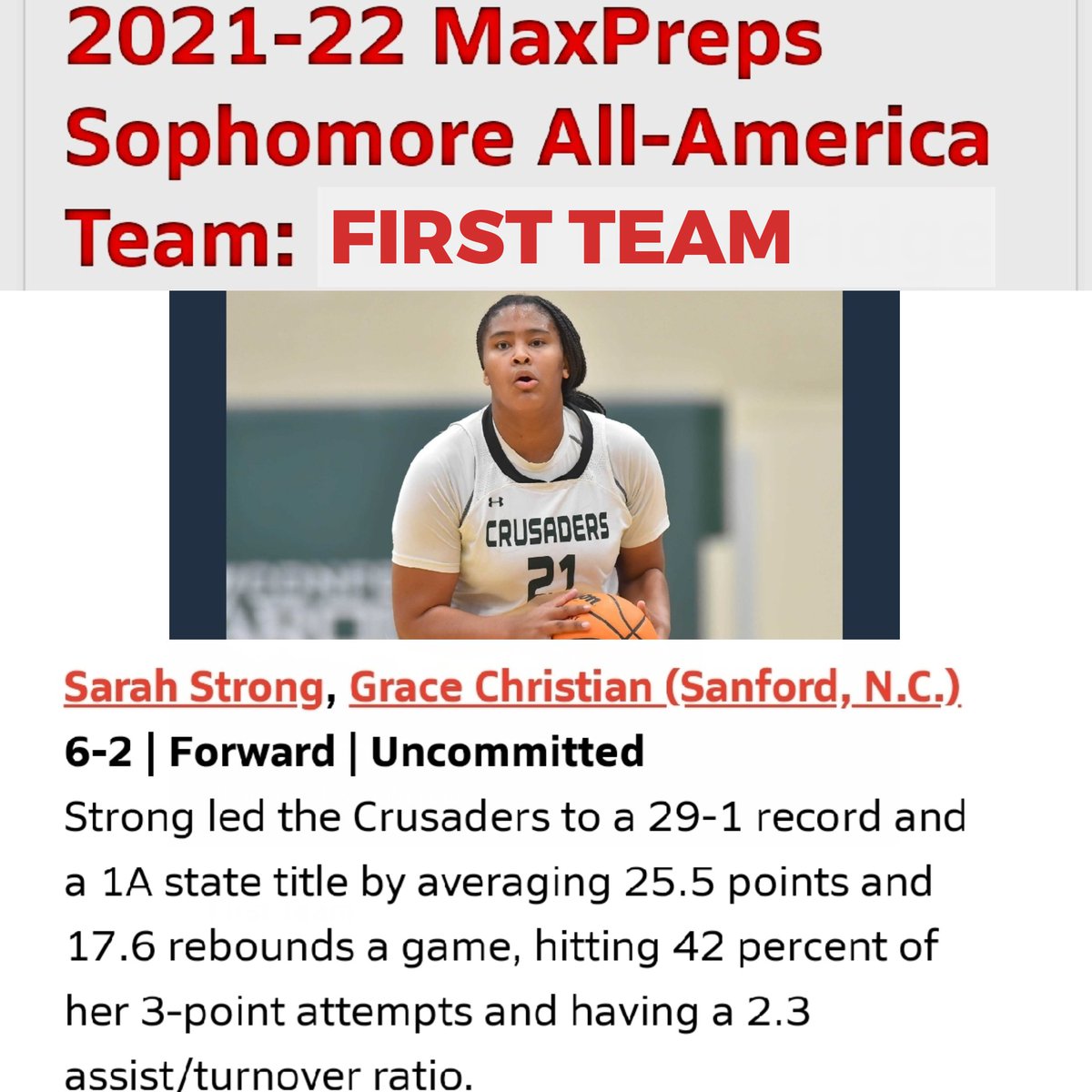 ladystrong2024's tweet image. Congratulations @thesarahstrong on being named to the  @MaxPreps '21-'22 #SophomoreAllAmerica #FIRSTTeam‼️ Stellar season! More to come💪🏽 #JustBeginning #SheIsStrong #WeAreStrong #WeOverMe #StrongFamily