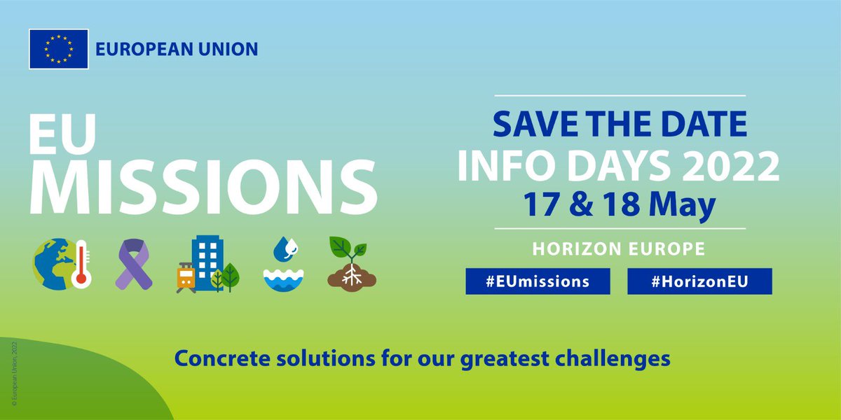 Mariya Gabriel (@gabrielmariya) on Twitter photo 🔔 Save the date!
📅 <a href="/HorizonEU/">Horizon Europe 🇪🇺</a> #EUmissions Info-days will take place on 17 & 18 May.
The event will focus on the 🆕 topics included in the amendment to the Horizon EU Work Programme 2021-2022.
Check here ➡️ europa.eu/!vCXNc7 🔔 Save the date!
📅 <a href="/HorizonEU/">Horizon Europe 🇪🇺</a> #EUmissions Info-days will take place on 17 & 18 May.
The event will focus on the 🆕 topics included in the amendment to the Horizon EU Work Programme 2021-2022.
Check here ➡️ europa.eu/!vCXNc7