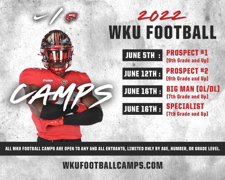 kamden_mcquaid's tweet photo. Thank you @WKURecruiting for the
personal invite. Excited to show my
skills and get better.
@Coach_MKemper @RecruitGeorgia
@OhioFootball3 @etowahfootball
@Etowah_Recruits @EtowahStrength
@WKUFootball @CoachHamby @TopPreps https://t.co/igH6K14fqm