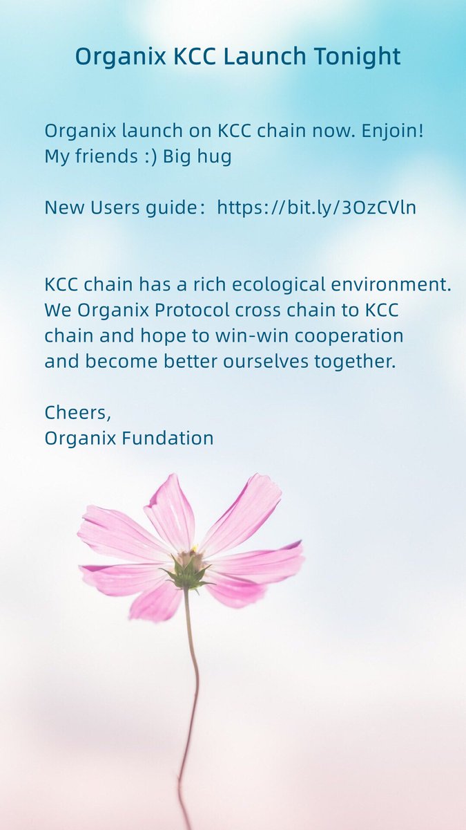 Organix launch on KCC chain now. Enjoin! My friends :) Big hug😘😘

New Users guide：bit.ly/3OzCVln

KCC chain has a rich ecological environment. We Organix Protocol cross chain to KCC chain and hope to win-win cooperation and become better ourselves together
