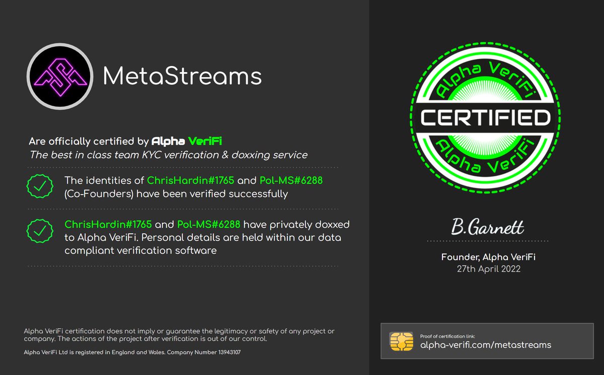 AlphaLabs_NFT's tweet photo. Congratulations MetaStreams !
@Meta_Streams

Now officially certified by Alpha VeriFi, the best in class KYC verification, doxxing and project analysis service from Alpha Labs.

https://t.co/j8Imk2cbRN

#Doxxing #DoxxedTeam #nftverification https://t.co/f1ncdiHYGn
