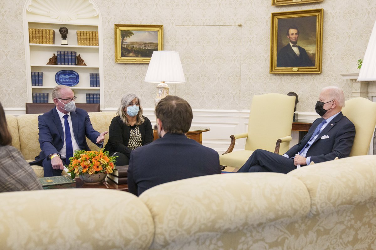 WhiteHouse46's tweet photo. President Biden met with the parents of Trevor Reed last month to discuss Trevor's safe return to the United States after being detained in Russia.
 
Thanks to the dedicated work of many across our government, Trevor Reed is returning home to his family today. https://t.co/wgRSRj8T9A