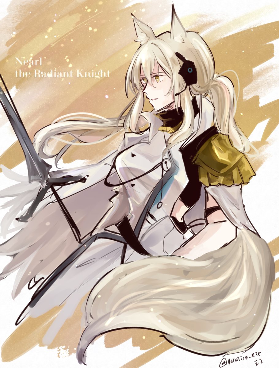 nearl (arknights) 1girl animal ears solo horse ears long hair weapon blonde hair  illustration images