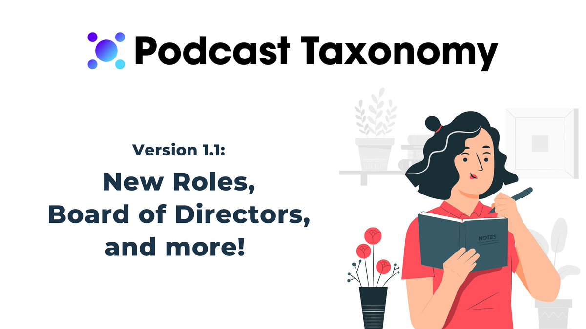 ANNOUNCEMENT - Podcast Taxonomy V1.1 is out! 

We've added new roles, presented our Board of Directors, and introduced new titles as AKAs of current roles, all for better accuracy and representation! #podcasts  

A 🧵 of some example changes: