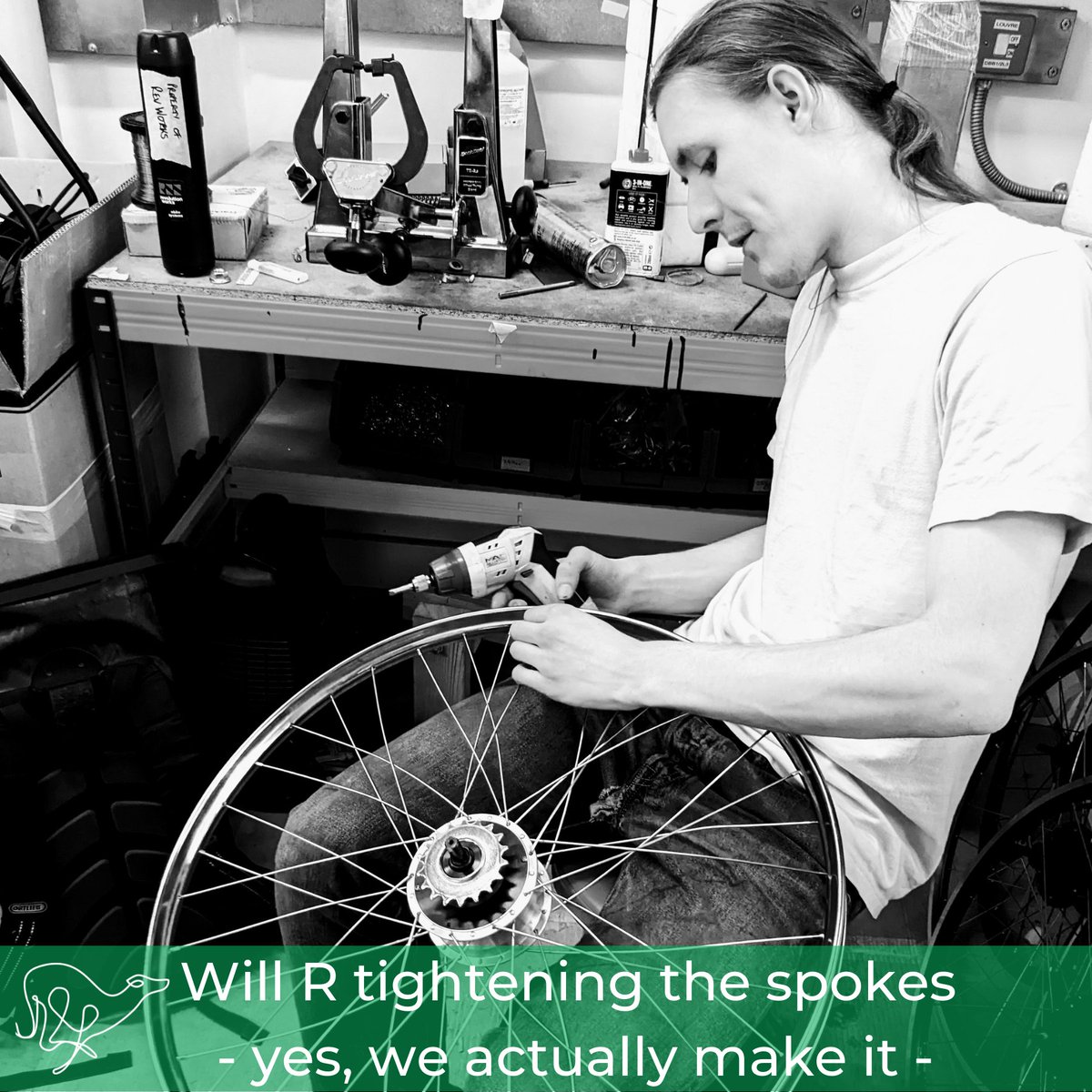Revworks_ebikes's tweet photo. Back to what we love!  Here you can see Will R assembling the rear wheel which contains the free hub motor.  Tightening the spokes is a fiddly but satisfying task.⚙️
Have you ever had a spoke come loose? If so you’ll know the importance of getting it right the first time! 👌 https://t.co/BncIyLcBcD